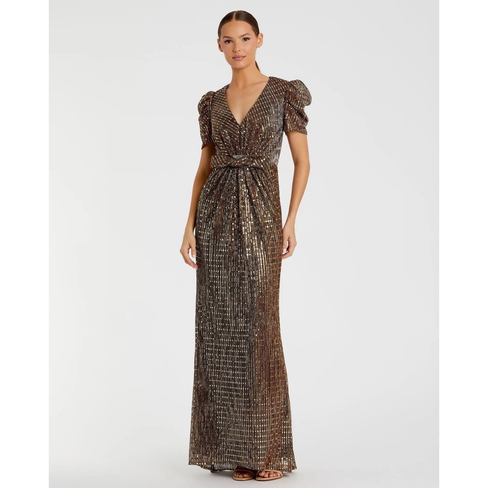 Ieena for Mac Duggal 26661 Metallic Sequin V-Neck Puff Sleeve Gown Bronze Gold 8
